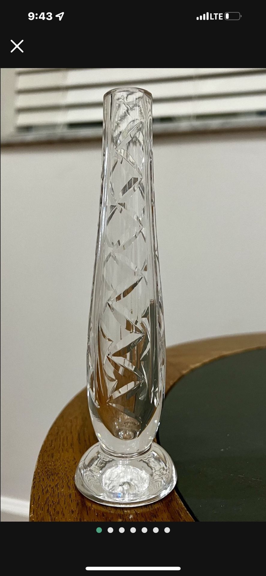 vintage Waterford Crystal vase features a cut vesica piscis pattern to the graduated cylindrical form. It sits on a circular footed, 7” Tall In great 