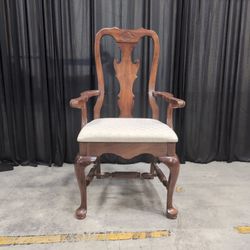 Brown Queen Anne Wood Dining Armchair with Fabric Seat