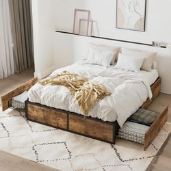 Queen Size Bed Frame, Metal Storage Platform Bed with 2 Ultra-Flexible Drawers & Easy Assembly, Brown