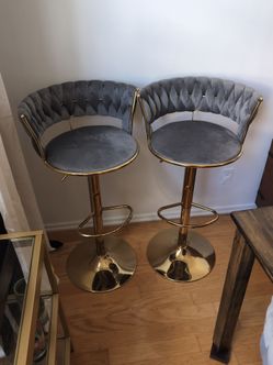 Gray /Gold Accent Upholstered Adjustable Height Kitchen Counter / Bar Stools set of 2