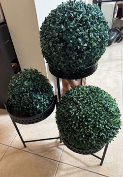 3 -Tier Metal Plant Stand with Triple Ball Artificial Boxwood Topiaries