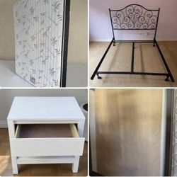 Like new Bamboo queen mattress $150, box spring $50, metal bed frame $50, nightstand $35 or $285 for all. Excellent condition will deliver for an addi