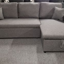 Brand New 87" x 57" Gray Or Black Convertible Sectional + Storage Chaise