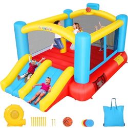 Inflatable Bounce House, Children's Indoor/Outdoor Jumping Castle with 470W Blower, Compact Inflatable Bounce Castle with Double Slide, Basketball Hoo