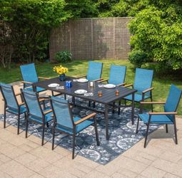 Conjunto de comedor de exterior de metal negro de 9 piezas para patio, con mesa rectangular de listo