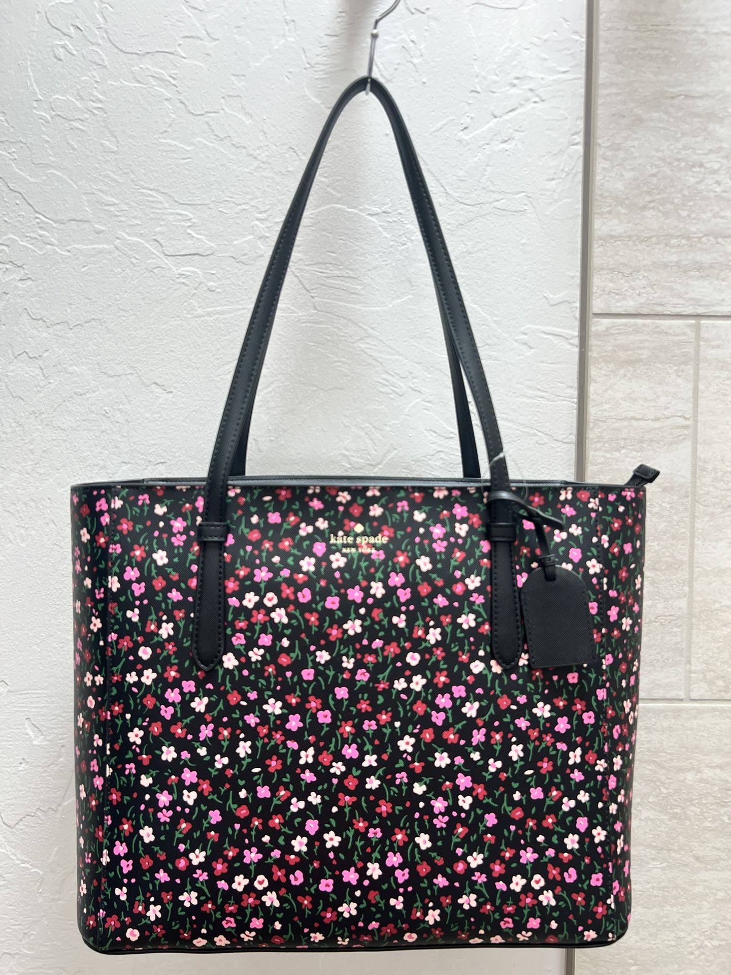 New, Kate Spade New York-Schuyler saffiano leather med.shoulder bag/tote, black with floral print