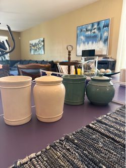 Pottery Barn Cambria Ceramic Canister Set - Cream & Teal (4 Pcs)