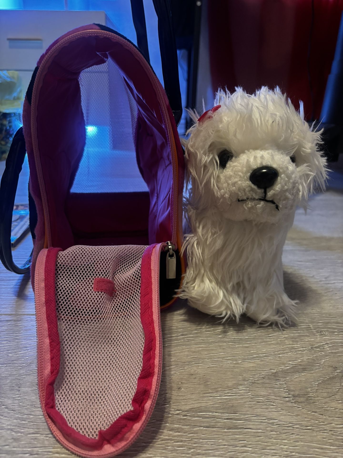 White Stuffed Animal Dog With Bag