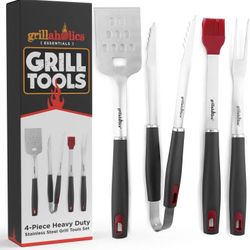 Grillaholics BBQ Grill Tools Set - 4-Piece Heavy Duty Stainless Steel Barbecue Grilling Utensils - Premium Grill Accessories for Barbecue - BRAND NEW