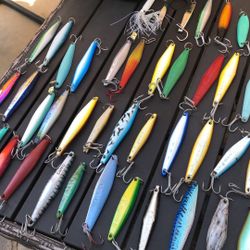 FORTY THREE (43) Saltwater Fishing Iron Lures with Tackle Bag-Tady,CandyBars,Salas and more.