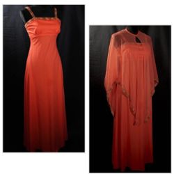 Vintage 1970s Peachy Coral A Line Maxi Dress Gown Dress with Shawl prom homecoming