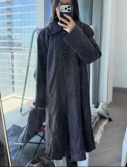Black Genuine Cowhide Leather Long Coat - Size M/L