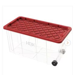 HDX 77 Gal. Tough Storage Tote with Wheels in Clear with Red Lid