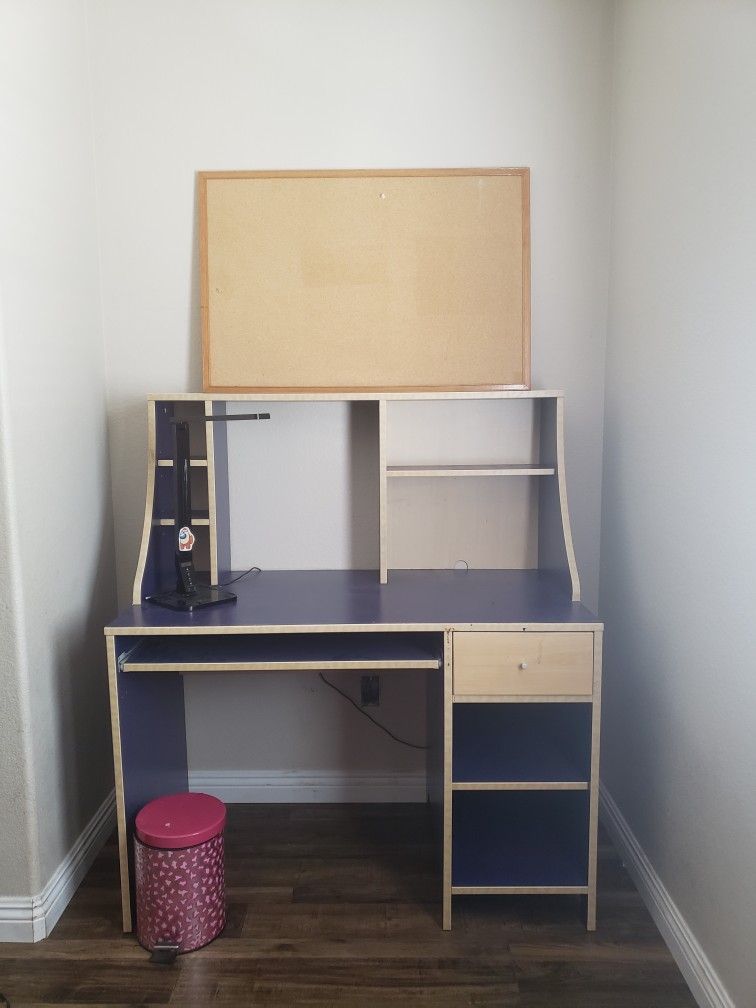 Desk + Lamp + Cork Bulletin Board + Trash Can
