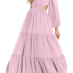 Women's Casual Long Sleeve Crew Neck Dress Cut Out Formal Maxi Dresses Tiered Cocktail Christmas Party Dress

