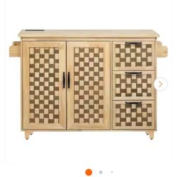 Vintage Natural Drop Leaf Wood Top 53.2 in. Kitchen Island Cart with Power Outlet, Storage Rack, Adjustable Shelf
