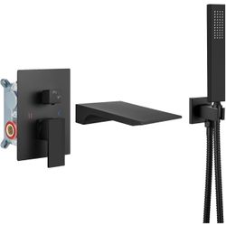 Airuida Wall Mount Tub Faucet with Waterfall Tub Spout Wall Mounted Bathtub Faucet with Handheld Shower Single Handle Tub Filler Shower Faucet Set wit