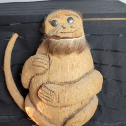 Vintage Hand Carved Coconut Monkey With Long Tail