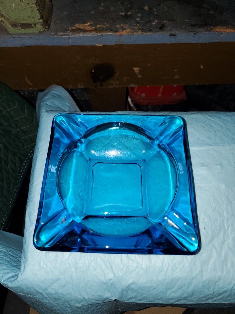 Vintage blue glass Ashtray with 4 slots