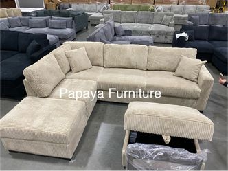 New! Camel Plush Sectional And Storage Ottoman, Sectional Couch, Sofa, Reversible Sectional, Couch, Brown Sectional, Reversible Chaise Sectional Couch