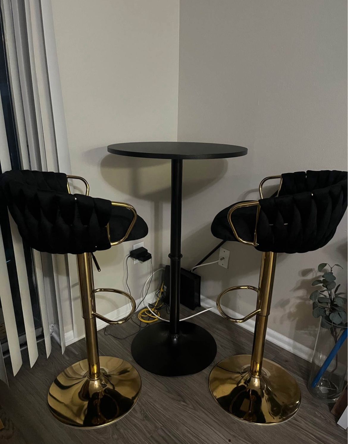 2 black Velvet adjustable bar stools chairs and table brand new