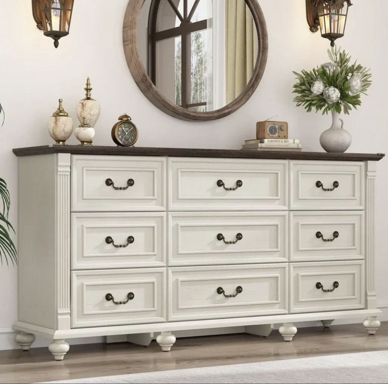9 Drawer Dressers for Bedroom, Farmhouse Dresser with 6 Solid Wood feet, 63" Wide White Dresser Wooden Dresser Rustic Chest of Drawers Long Dresser