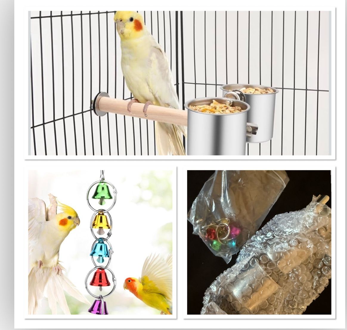 Food Water Feeding Bowl for Parrot Parakeet & Parrot Chew Toys Swing Colorful Bells Chandelier Bird