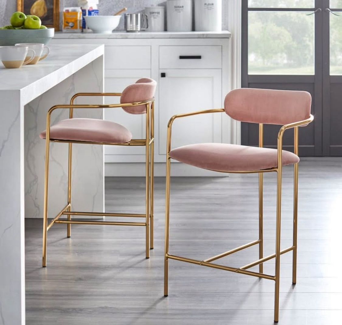 New Set of 2 Counter Height Stools Pink and Gold