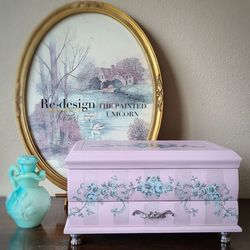 Large Chest Style Refinished Pink Floral Jewelry Box
