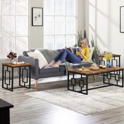 Coffee Table Set, Coffee Table & Two End Side Table, Modern 3-Piece Living Room Table Set for Office, Living Room, Apartment, Small Space, E