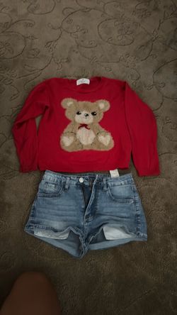 Red Teddy Bear Sweater and Denim Shorts Set