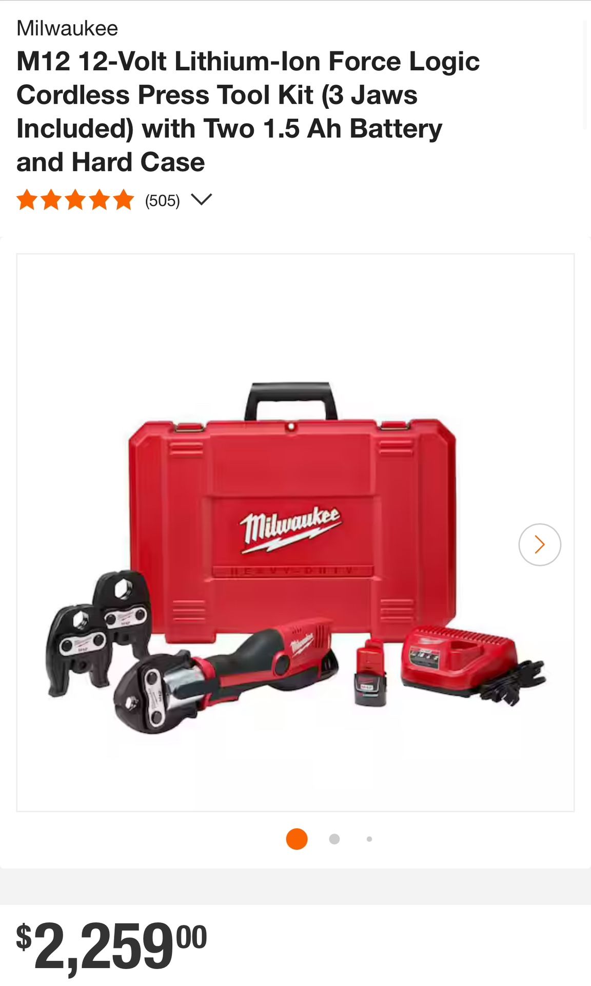 Milwaukee M12 12-Volt Lithium-lon Force Logic Cordless Press Tool Kit (3 Jaws Included) with Two 1.5 Ah Battery and Hard Case BRAND NEW SEALED