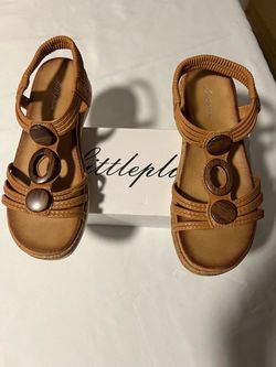 Sandals 6 1/2 -7 Woman Strappy Wedge with Wood Accents tan