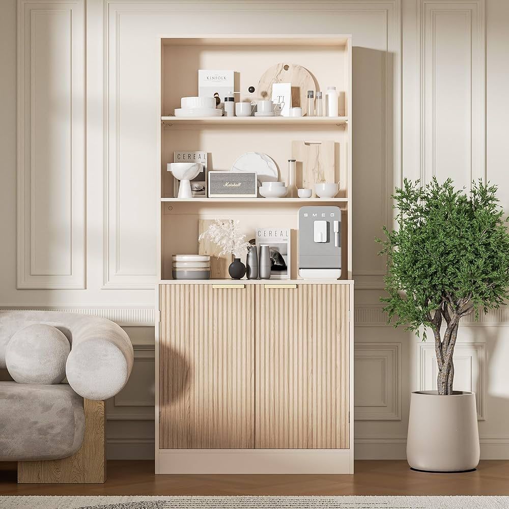 67" Pantry Cabinet with 2 Doors, 3-Tier Modern Hutch with Adjustable Shelves, Freestanding Larder Cupboard, Kitchen Pantry Storage Cabinet for Kitchen