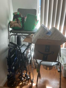 Walker, wheelchair, shower chair, compression foot wraps, portable toilet, various medical supplies