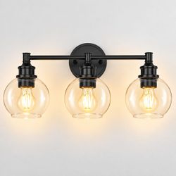 20” 3-Light Matte Black Bathroom Vanity Light – Clear Globe Glass Shades