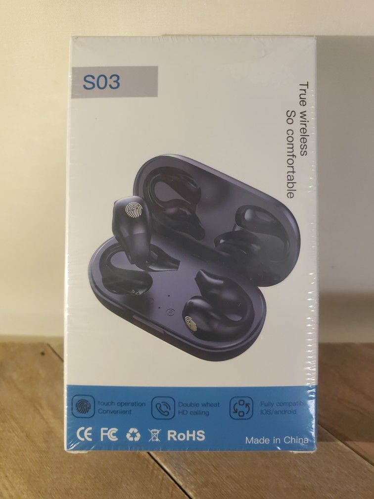 S03 Bluetooth 5.3 Earphones - Clip-On Wireless Headphones with Mic - Brand New!!