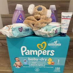 Baby items lot Pampers, Shampoo +
