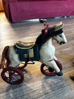 Vintage Wooden Horse Pull Toy on Wheels