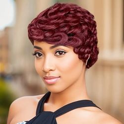 Burgundy Short Curly Pixie Cut Human Hair Wig 150% Density with Rose Net Cap