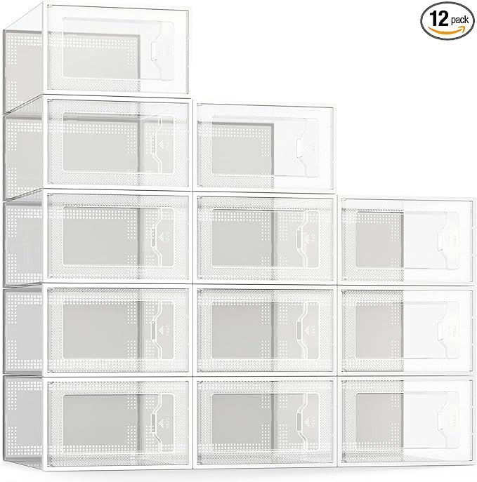 SEE SPRING Large 12 Pack Shoe Storage Box, Clear Plastic Stackable Shoe Organizer