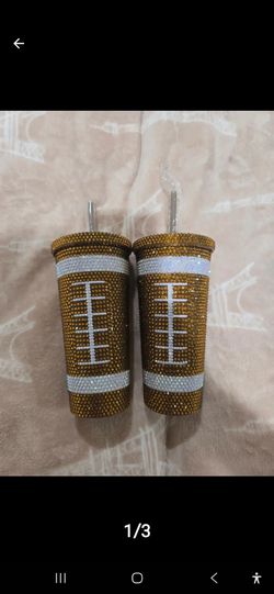 🏈New! Rhinestone Bedazzled Sparkle Football 24 Oz. Game Day Cup New W/ Straw Gorgeous! ( Reseda  Ca)