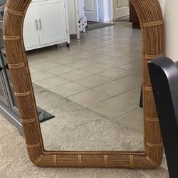 Boho Vintage Organic Mid- Century Modern Rattan Wicker Arched Mirror