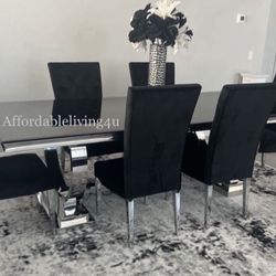 7 Pc Black Glass Dining Table 