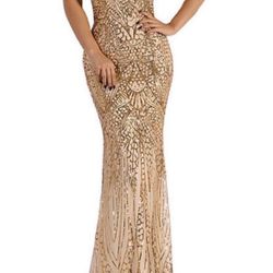 XL Off Shoulder Gold Sequined Evening Party Maxi Dress