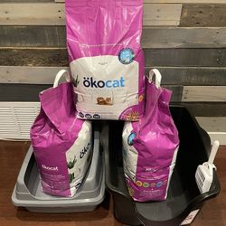 3 Cat Wooden Cat Litter bags Sealed Okocat 21.5lb+ 2 Used Cat Litter Boxes 