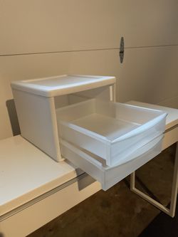 White Wire Shelf Risers (2) + White Plastic 2-Drawer Organizer, Great for Desk, Pantry, or Closet