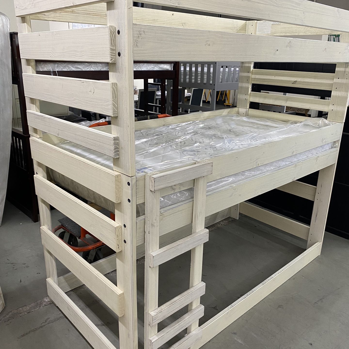 Farmhouse Style Triple Decker XL Twin Antique White Wood Bunk Bed With 3 Mattresses