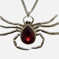 GOTHIC SPIDER WITH RED STONE NECKLACE PEWTER