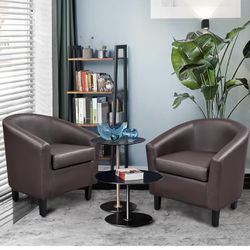 PU Leather Accent Chairs, Modern Barrel Chairs Side Chairs, Comfy Club Chairs with Soft Padded, 2 Chairs for Living Room/Bedroom/Reading Room, Espress